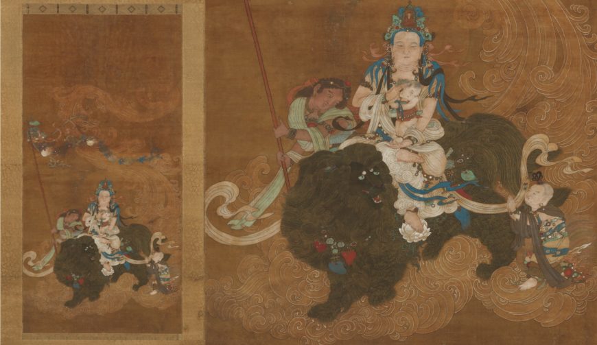 Guanyin Bestowing a Son, hanging scroll, late 16th century, Ming Dynasty, ink, color, and gold on silk, China, 120.7 x 60.3 cm (The Metropolitan Museum of Art)