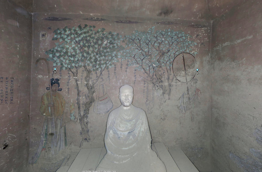 Image of the mural behind the statue of Hong Bian in Mogao Cave 17 late Tang Dynasty, 848–907 C.E., Dunhuang, China (image courtesy of the Dunhuang Academy via E-Dunhuang) 