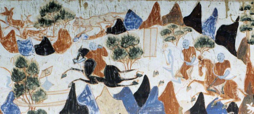 Detail of the three princes hunting in the forest. First register, middle section. Mogao Cave 428. Northern Zhou, 557-581 CE. Dunhuang. Image courtesy of the Dunhuang Academy.