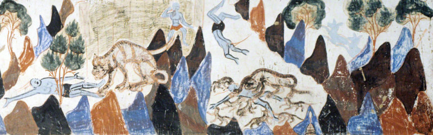 Detail of the Prince Mahasattva's sacrifices to the tigers. Second register, right section. Mogao Cave 428. Northern Zhou, 557-581 CE. Dunhuang. Image courtesy of the Dunhuang Academy.