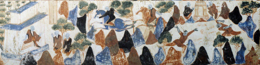 Detail of the grieving brothers and their return to the palace. Third register. Mogao Cave 428. Northern Zhou, 557-581 CE. Dunhuang. Image courtesy of the Dunhuang Academy.