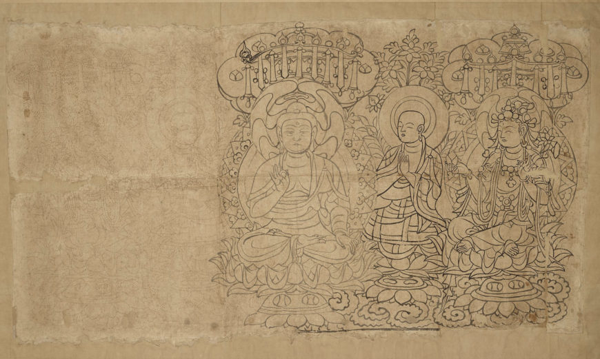 Stencil for a five-figure Buddha group, painting on paper, c. 926–975 C.E. (Five Dynasties or Northern Song Dynasty), paper, Qian Fo Dong, Mogao grottoes, Dunhuang China (© Trustees of the British Museum)