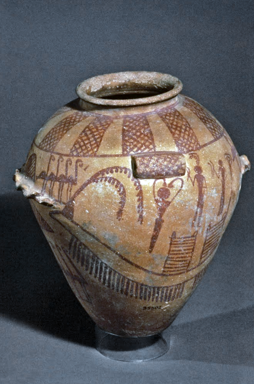 Decorated jar, c. 3500 B.C.E., predynastic period (Naqada II), pottery, found in a tomb in el-Amra, Egypt, 22.5 cm in diameter (© Trustees of the British Museum)