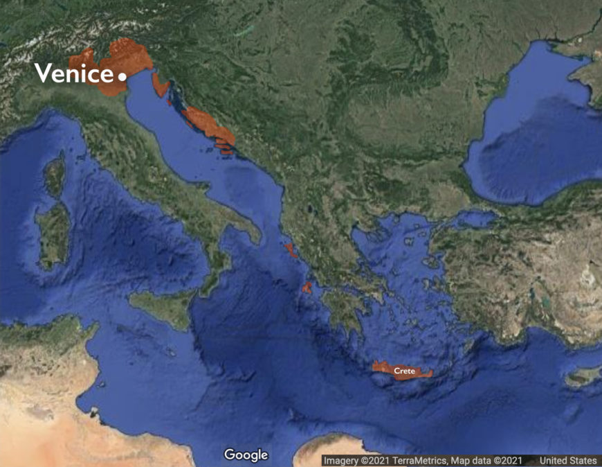 Some of the territories of the Republic of Venice c. 1500 (underlying map © Google)