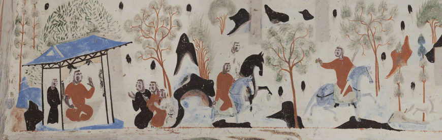 Detail of the king of Benares going hunting from the Syama jataka tale mural. Mogao Cave 302. Sui, 581-618 CE. Dunhuang. Image courtesy of the Dunhuang Academy.