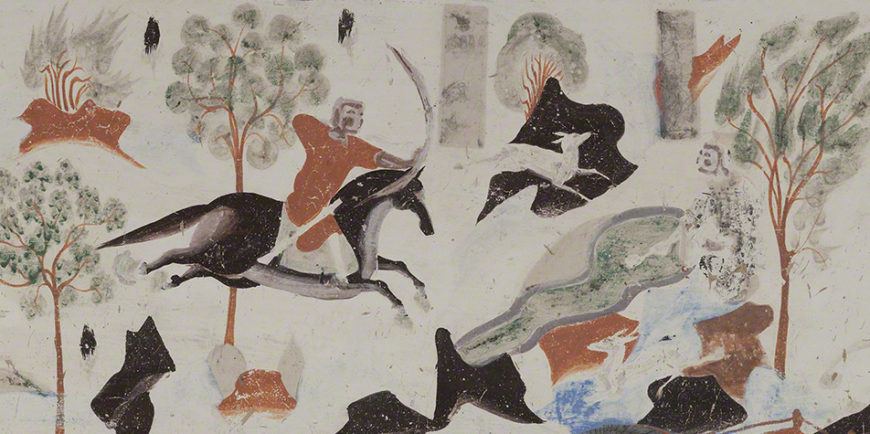 Detail of the king of Benares shooting Syama from the Syama jataka tale mural. Mogao Cave 302. Sui, 581-618 CE. Dunhuang. Image courtesy of the Dunhuang Academy.