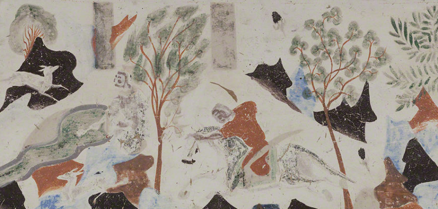 Detail of the king of Benares descending from his horse after he shoots Syama from the Syama jataka tale mural. Mogao Cave 302. Sui, 581-618 CE. Dunhuang. Image courtesy of the Dunhuang Academy.
