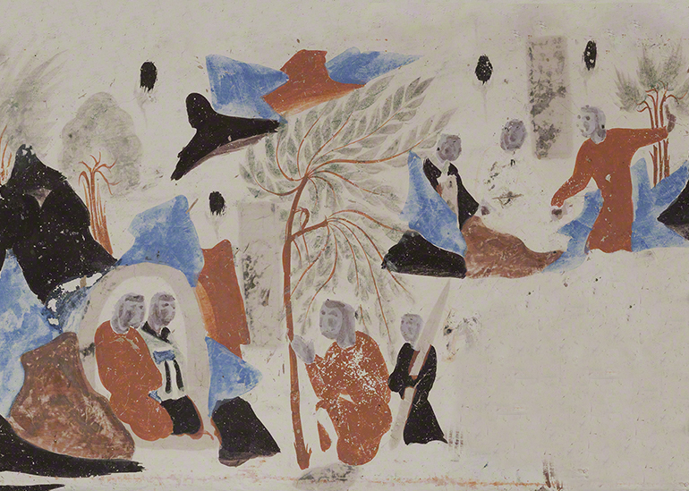 Detail of the king of Benares visiting Syama's parents from the Syama jataka tale mural. Mogao Cave 302. Sui, 581-618 CE. Dunhuang. Image courtesy of the Dunhuang Academy.