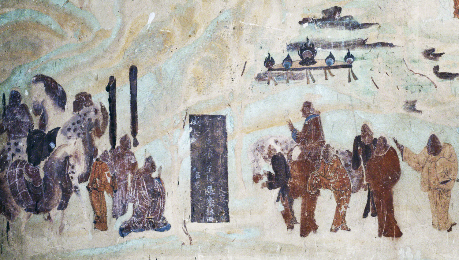Detail of Emperor Wu on a horse sending off Zhang Qian who is kneeling, north wall fresco in Mogao Cave 323. Early Tang. Image Courtesy of the Dunhuang Academy.