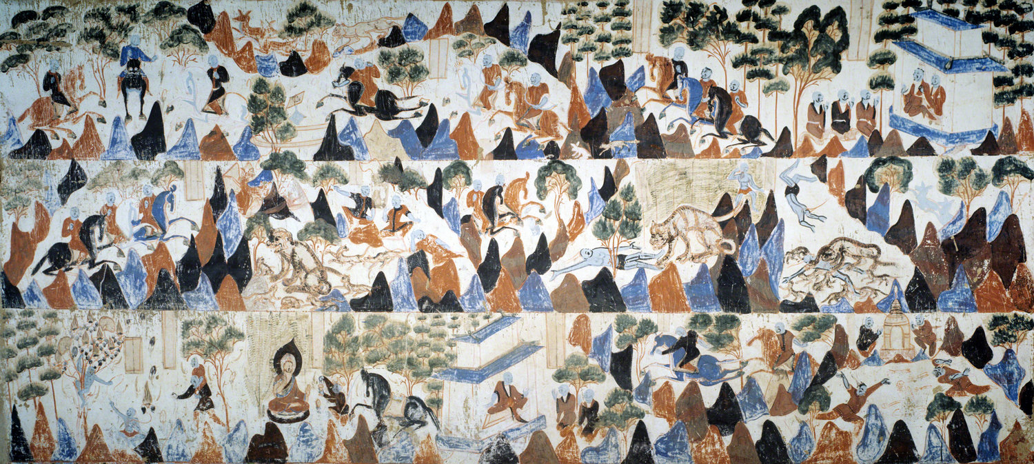 The complete Prince Mahasattva jataka tale mural. Mogao Cave 428. Northern Zhou, 557-581 CE. Dunhuang. Image courtesy of the Dunhuang Academy.