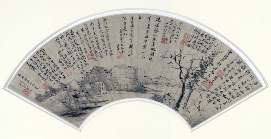 Wang Hui 王翬, (Landscape in the style of Ni Zan), fan, 1671, Qing dynasty, paint on paper, China, 48.5 cm