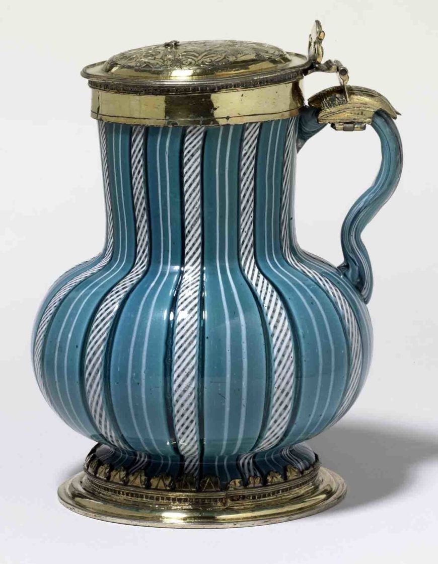 Glass tankard with silver-gilt mounts, 1548–49, glass and silver, (mounts hallmarked in London), Venice, Italy, 12.8 cm in diameter 