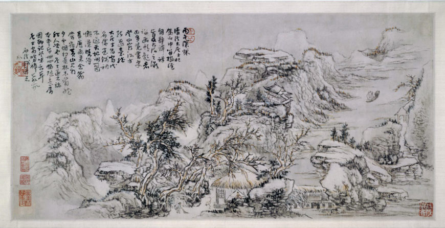 Kuncan 髡殘, Landscape painting, 'Autumn' and 'Winter' leaves from a set representing the 'Four Seasons', showing mountains and buildings, with inscription, 1666, Qing dynasty, ink and color on paper, China, 35.1 x 894 cm (© Trustees of the British Museum)