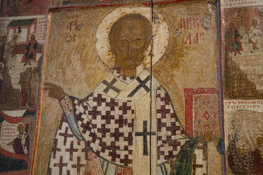 Detail of St. Nicholas (St. Nicholas of Zaraisk) with scenes of his life, second half of the 14th century, Rostov (Tretyakov Gallery) (photo: <a href="“https://flic.kr/p/2m3jBp7”">byzantologist</a>, CC BY-NC-SA 2.0)