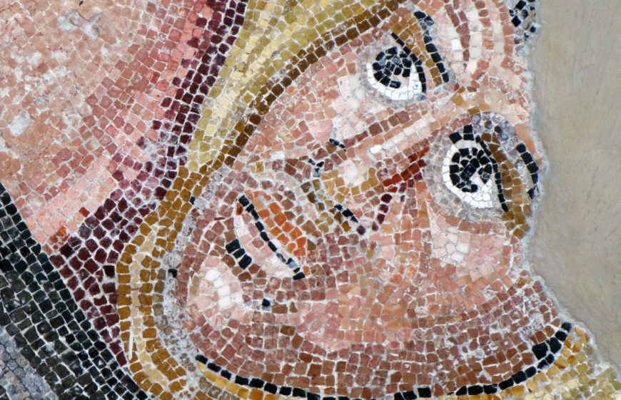Detail of soldier’s face with tesserae arranged to create light and shadow, Alexander Mosaic, created in the 2nd century B.C.E., from the House of the Faun in Pompeii, reconstructed in the Museo Archeologico Nazionale di Napoli