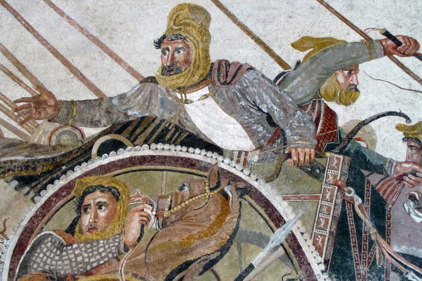 Detail of Darius III, Alexander Mosaic, created in the 2nd century B.C.E., from the House of the Faun in Pompeii, reconstructed in the Museo Archeologico Nazionale di Napoli