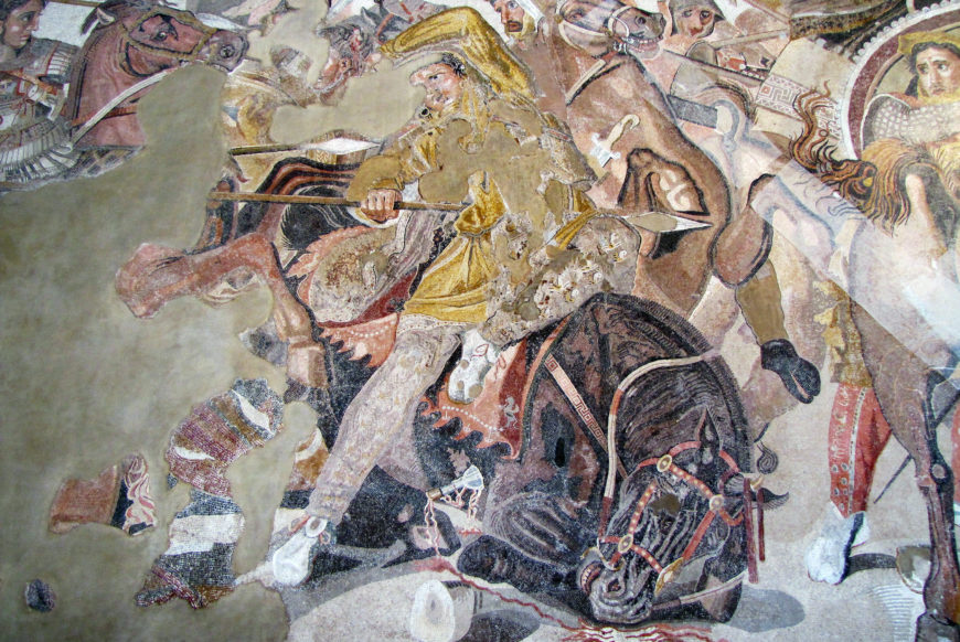 Detail of impaled soldier, Alexander Mosaic, created in the 2nd century B.C.E., from the House of the Faun in Pompeii, reconstructed in the Museo Archeologico Nazionale di Napoli