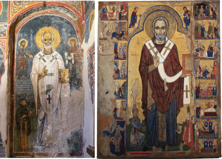 Left: St. Nicholas fresco, 12th century, church of St. Nicholas tis Stegis, Kakopetria, Cyprus (photo: <a href="https://flic.kr/p/2m3mpKR">byzantologist</a>, CC BY-NC-SA 2.0); Right: vita icon with St. Nicholas, late 13th century, 203 x 158 cm, from the church of St. Nicholas tis Stegis, Kakopetria, Cyprus (Archbishop Makarios III Foundation, Byzantine Museum)