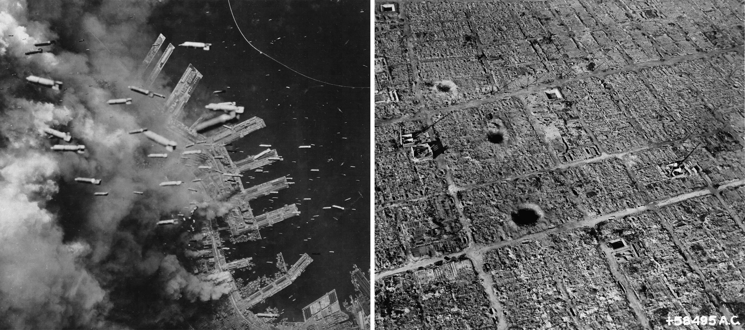 left: incendiary bombs are dropped from U.S. B-29s, Kobe, Japan, June 4, 1945; right: Osaka, Japan, 1945 leveled by fire-bomb attacks by Superfortresses (photo: U.S. Army A.A.F., Library of Congress)