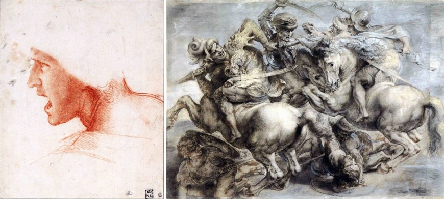 Left: Leonardo da Vinci, Study of a Warrior's Head for the Battle of Anghiari, 1504–05, sanguine on paper, 22.7 x 18.6 cm (Museum of Fine Arts, Budapest); right: Peter Paul Rubens, Copy after the Battle of Anghiari by Leonardo da Vinci (now lost) in the Palazzo della Signoria in FLorence, c. 1603, Black chalk, pen in brown ink, brush in brown and gray ink, gray wash, heightened in white and gray-blue, 17.83 x 25.03 cm (Louvre Museum)