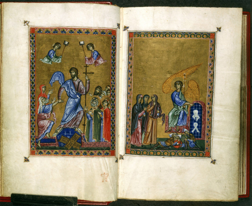 The Harrowing of Hell (left) and the three Marys at the tomb (right), the Melisende Psalter (Egerton 1139, 9v and 10r), 1131-1143 (© <a href="https://www.bl.uk/collection-items/melisende-psalter">The British Library</a>)