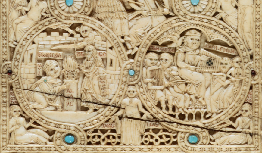David with his harp (right), detail of upper cover of the Melisende Psalter, 1131-1143, ivory (© <a href="http://www.bl.uk/catalogues/illuminatedmanuscripts/ILLUMIN.ASP?Size=mid&amp;IllID=59595">The British Library</a>)