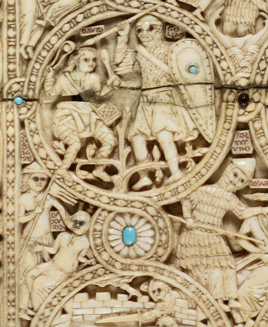 David fights Goliath (top), sobriety conquers luxury (lower left), detail of upper cover of the Melisende Psalter, 1131-1143, ivory (© <a href="http://www.bl.uk/catalogues/illuminatedmanuscripts/ILLUMIN.ASP?Size=mid&IllID=59595">The British Library</a>)