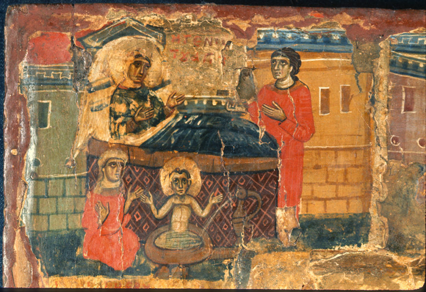 St. Nicholas as an infant in the bath, detail from icon of St. Nicholas, late 12th to early 13th century, Monastery of St. Catherine, Sinai, Egypt (<a href="http://vrc.princeton.edu/sinai/items/show/6425">Princeton University</a>)