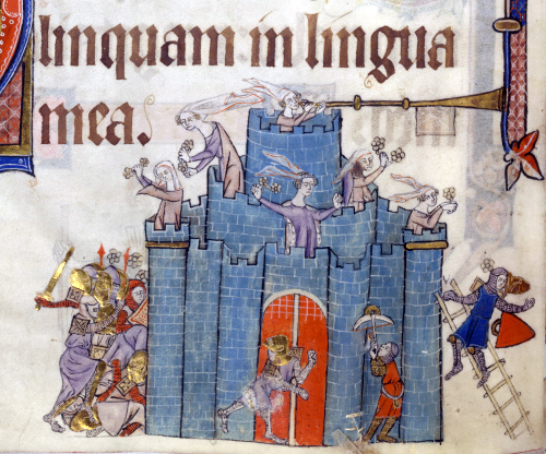 “The Siege of the Castle of Love,” Luttrell Psalter, 1325-1340, England (photo: British Library)