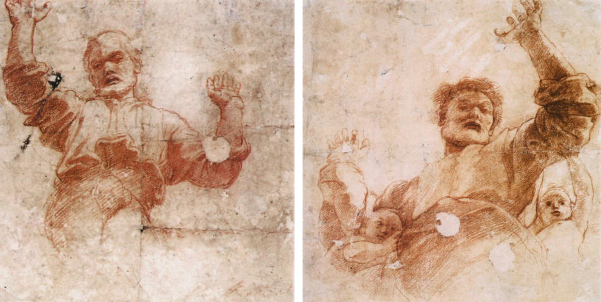 Left: Raphael, Study of God the Father (verso), 1515–16, red chalk over stylus, 214 x 209 cm (Ashmolean Museum, Oxford)