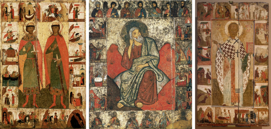 Left to right: Sts. Boris and Gleb with scenes of their lives, second half of the 14th century, Moscow (Tretyakov Gallery); Elijah the Prophet in the wilderness with scenes of his life and Deësis, second half of the 13th century, Pskov (Tretyakov Gallery); St. Nicholas (St. Nicholas of Zaraisk) with scenes of his life, second half of the 14th century, Rostov (Tretyakov Gallery)