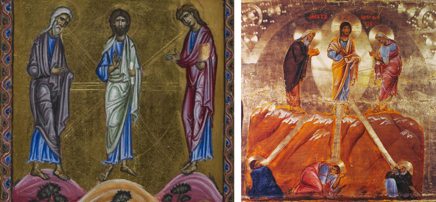 Left: Melisende Psalter; right: The Transfiguration, detail of a templon beam, Byzantine, c. 1200, Monastery of Saint Catherine, Sinai (photo: <a href="http://vrc.princeton.edu/sinai/items/show/7314">Princeton University</a>)