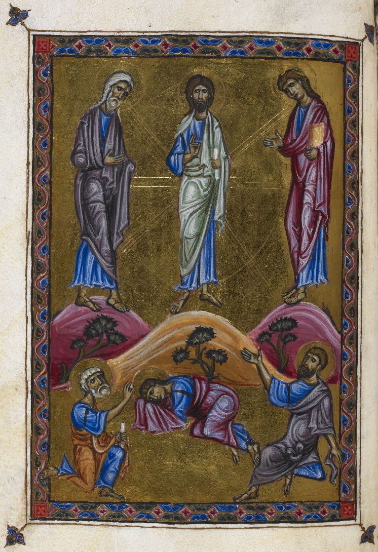 The Transfiguration, the Melisende Psalter (Egerton 1139, 4v), 1131-1143 (© <a href="https://www.bl.uk/catalogues/illuminatedmanuscripts/ILLUMIN.ASP?Size=mid&IllID=59604">The British Library</a>)