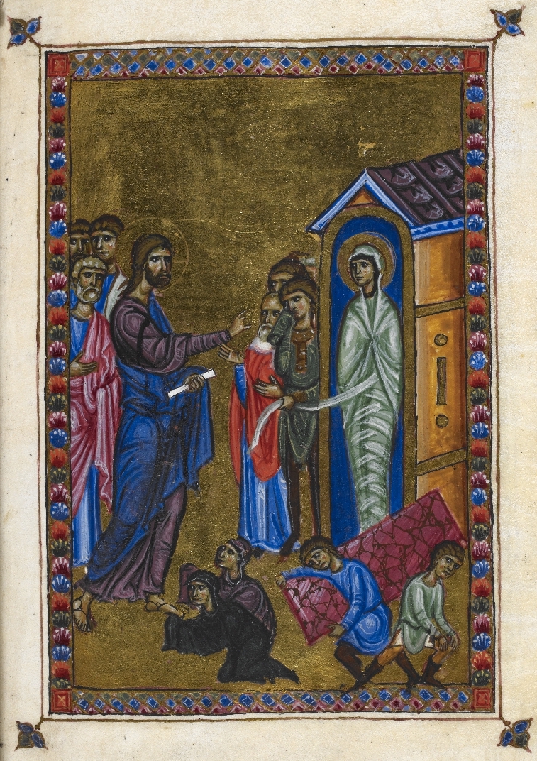 The Raising of Lazarus, the Melisende Psalter (Egerton 1139, 5r), 1131-1143 (© <a href="https://www.bl.uk/catalogues/illuminatedmanuscripts/ILLUMIN.ASP?Size=mid&IllID=59605">The British Library</a>)