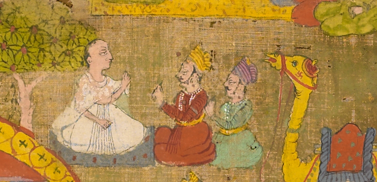 A white robed monk in discussion with attentive laymen ("F" in the diagram above). Jain pilgrimage map, c. 1750, Rajasthan, opaque watercolor and gold on cotton, 77 x 96 cm (Brooklyn Museum)