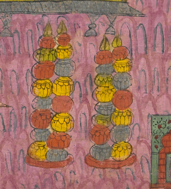 Towers of pots ("D" in the diagram above) meant to represent offerings donated by the Jain minister Vastupala in the 13th century. Jain pilgrimage map, c. 1750, Rajasthan, opaque watercolor and gold on cotton, 77 x 96 cm (Brooklyn Museum)