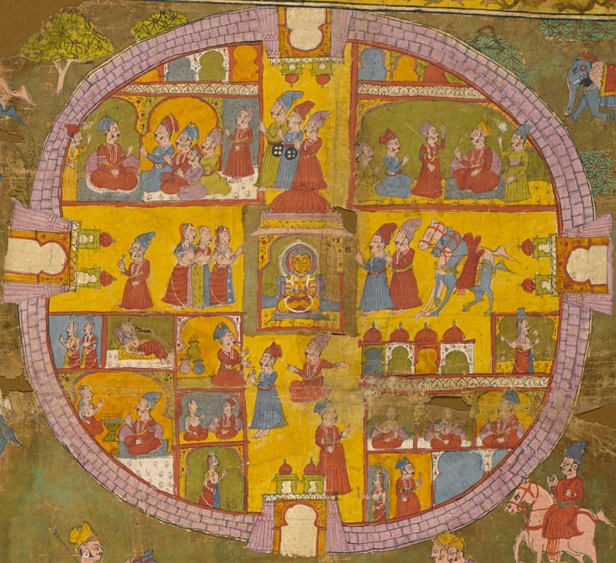 Detail, walled temple complex of Palitana ("G" in the diagram above). Jain pilgrimage map, c. 1750, Rajasthan, opaque watercolor and gold on cotton, 77 x 96 cm (Brooklyn Museum)