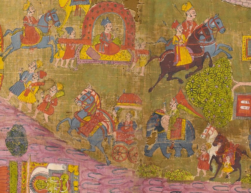 The grand pilgrim procession ("E" in the diagram above) ascending the steep mountainside with elephant riders and horse-drawn carts. Jain pilgrimage map, c. 1750, Rajasthan, opaque watercolor and gold on cotton, 77 x 96 cm (Brooklyn Museum)