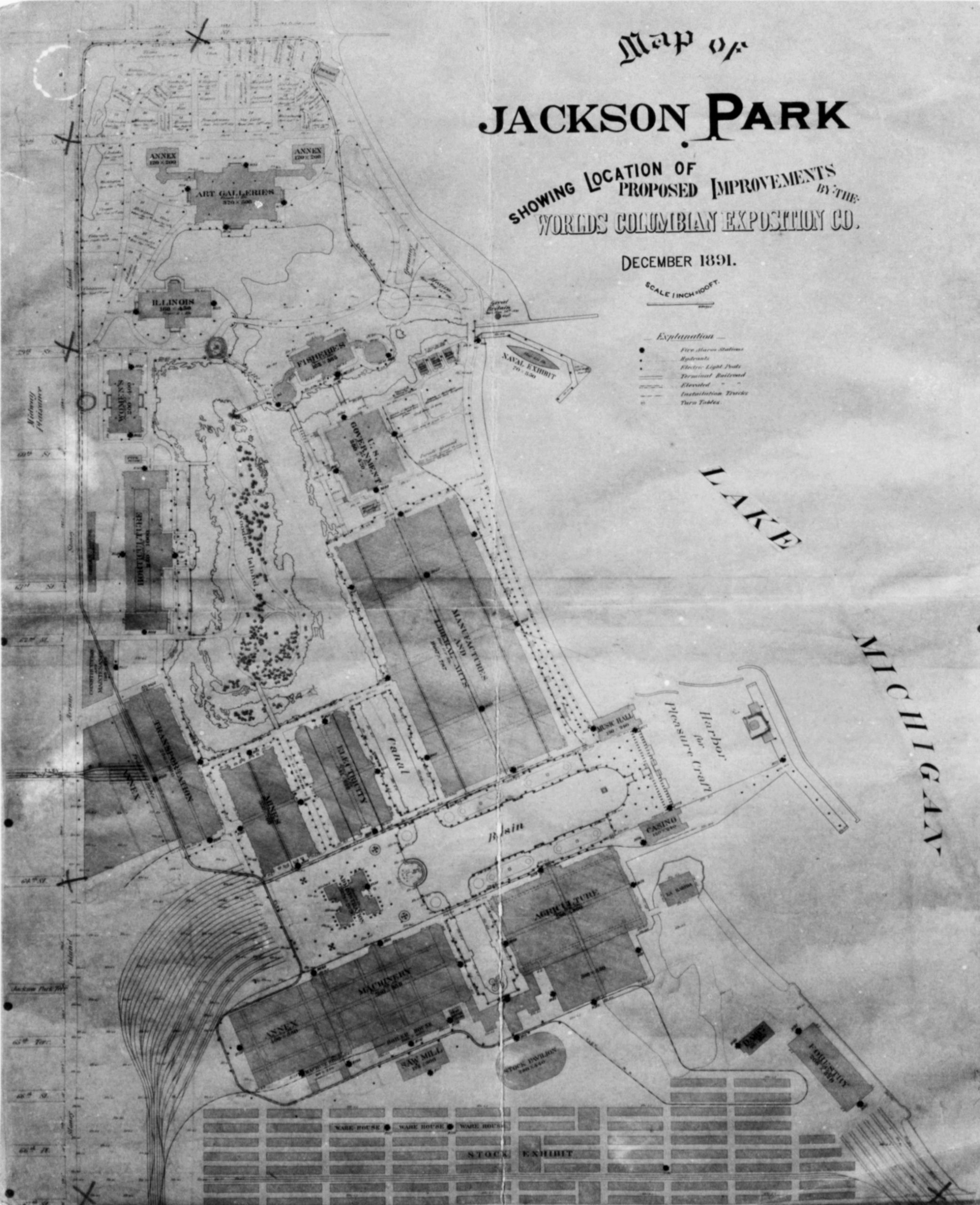 Map of proposed improvements to Jackson Park for the World's Fair.