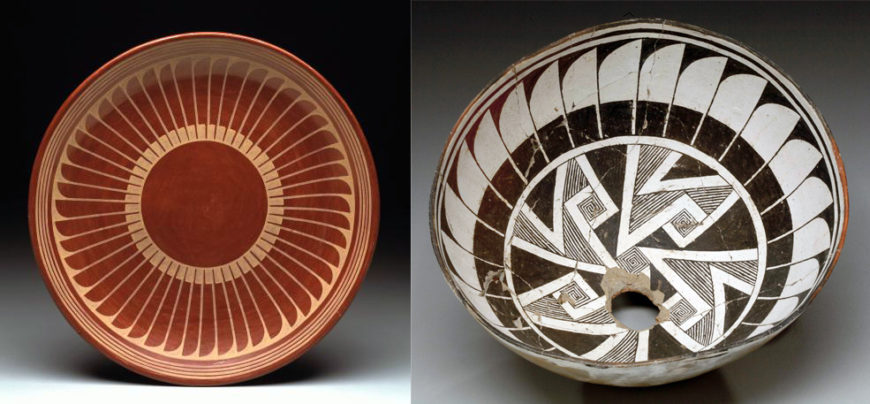 Left: María Martinez and Popovi Da (both from San Ildefonso Pueblo), Plate with radiating feather design, 1960s, ceramic, 5.08 cm high, 40.64 cm in diameter (Dallas Museum of Art); right: Bowl, Mogollon (Mimbres), c. 1000–1150, ceramic, slip, and paint, 15.6 cm high, 29.84 cm in diameter (Dallas Museum of Art)