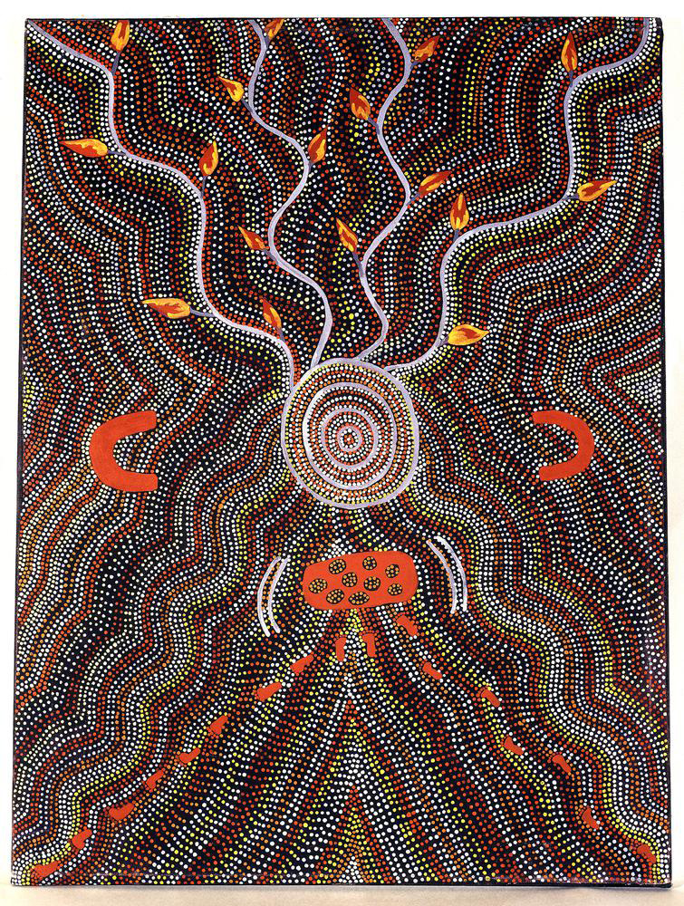 Victor Jupurrula Ross, Yarla Jukurrpa (Bush Potato Dreaming), 1980s, , acrylic on canvas, Yuendumu, Australia, 95 x 71 cm (© Trustees of the British Museum)