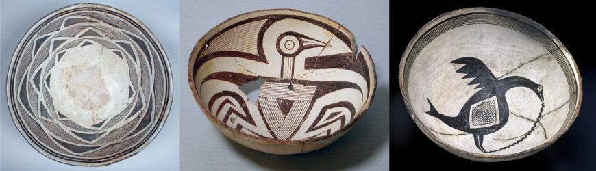 Mimbres bowls, c. 8th–12th century. Left: Bowl, c. 1000–1200, clay, slip, paint, 13 cm high, 27.9 cm in diameter (The Metropolitan Museum of Art); center: Bowl, c. 850–1050, clay, slip, paint, 8.3 cm high, 55.9 cm in diameter (The Metropolitan Museum of Art)right: Bowl, c. 1000–1200, clay, slip, paint, 11 x 24 cm (NMAI, New York) 