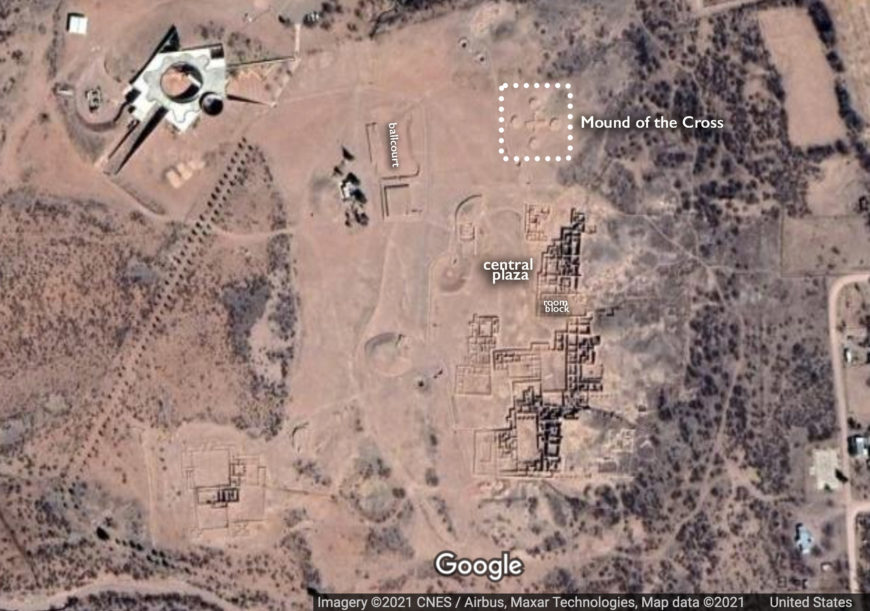 Aerial shot of Paquimé (Casas Grandes) (underlying map © Google)