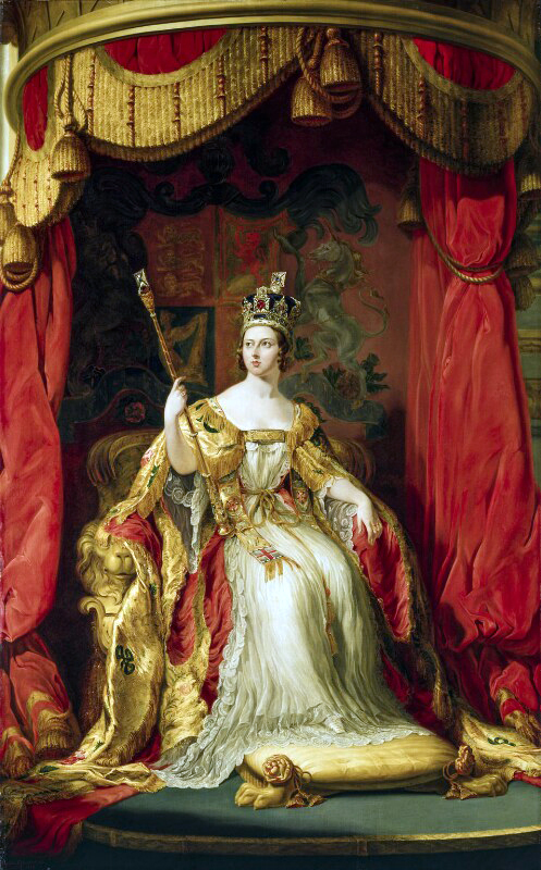 Queen Victoria, replica by Sir George Hayter, based on a work from 1838, 1863, oil on canvas, 285 x 179 cm (National Portrait Gallery)