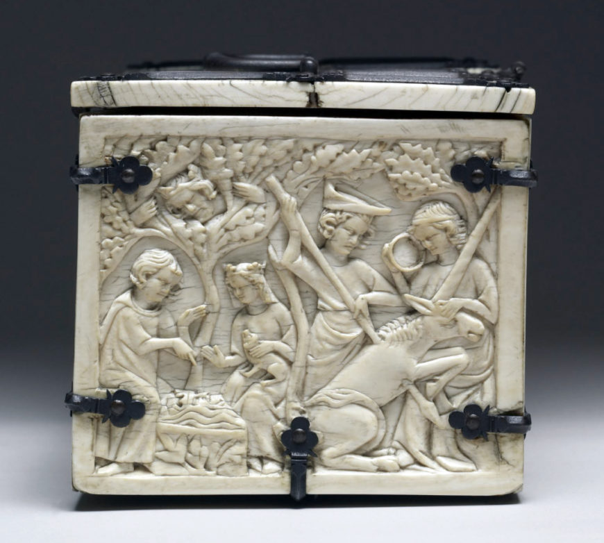 Casket with Scenes of Romances, c. 1330–50, ivory, modern iron mounts, France, 11.8 x 25.2 x 12.9 cm (The Walters)