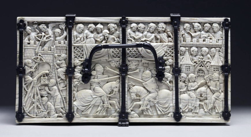 Casket with Scenes of Romances, c. 1330–50, ivory, modern iron mounts, France, 11.8 x 25.2 x 12.9 cm (The Walters)