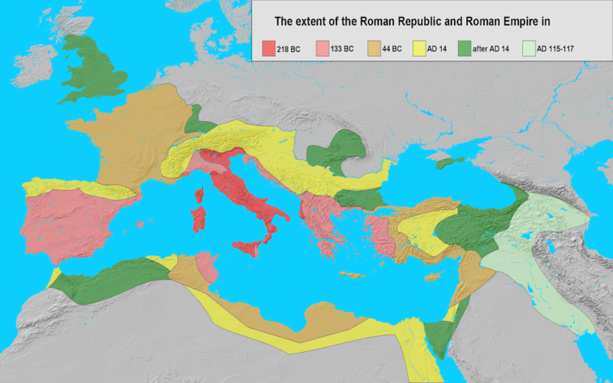 Schematic map showing the territorial expansion of Rome from the Middle Republic to the death of the Emperor Trajan (map: Varana, CC BY-SA 3.0)