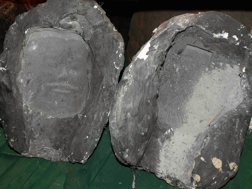 Two halves of the mould used for the head of a terracotta warrior