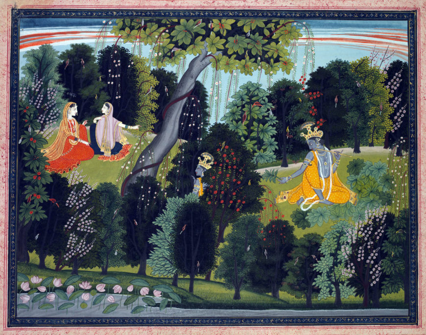 Attributed to Purkhu, Sakhi Persuades Radha to Meet Krishna, from a Gita Govinda (Song of the Cowherd) of Jayadeva, c. 1820–25, gum tempera and gold on paper, Northern India, Himachal Pradesh, Pahari Kingdom of Kangra, 24.1 x 32.1 cm (Cleveland Museum of Art)