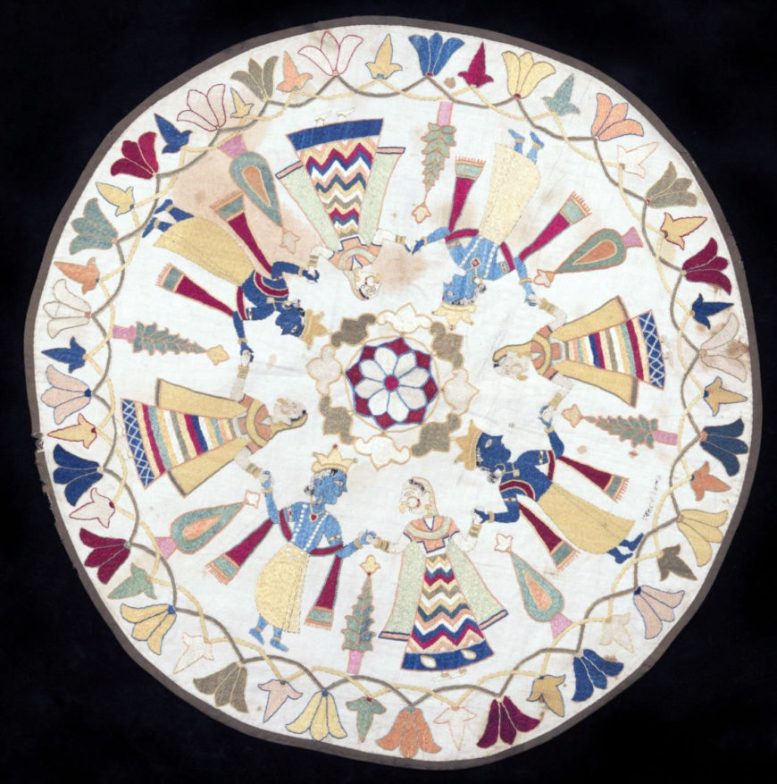 Ceremonial Cover (Rumal) Depicting the Rasalila, c. late 19th century, cotton plain weave with silk embroidery, made in Chamba, Himachal Pradesh, India, diameter: 68.6 cm (Philadelphia Museum of Art)